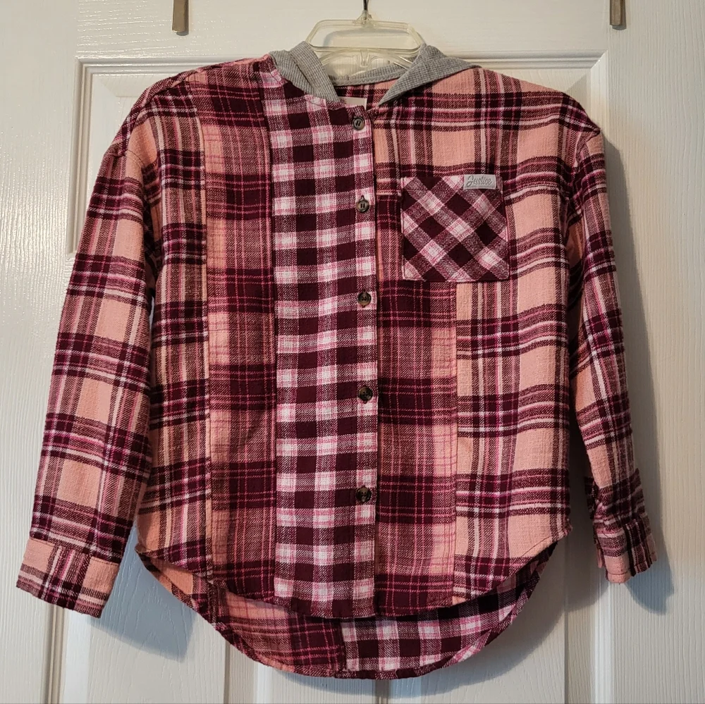 Justice Long Sleeve Plaid Flannel Shirt with Hood